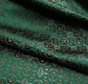 Green Geometric Brocade Fabric with Golden Accent - (note: width 29")